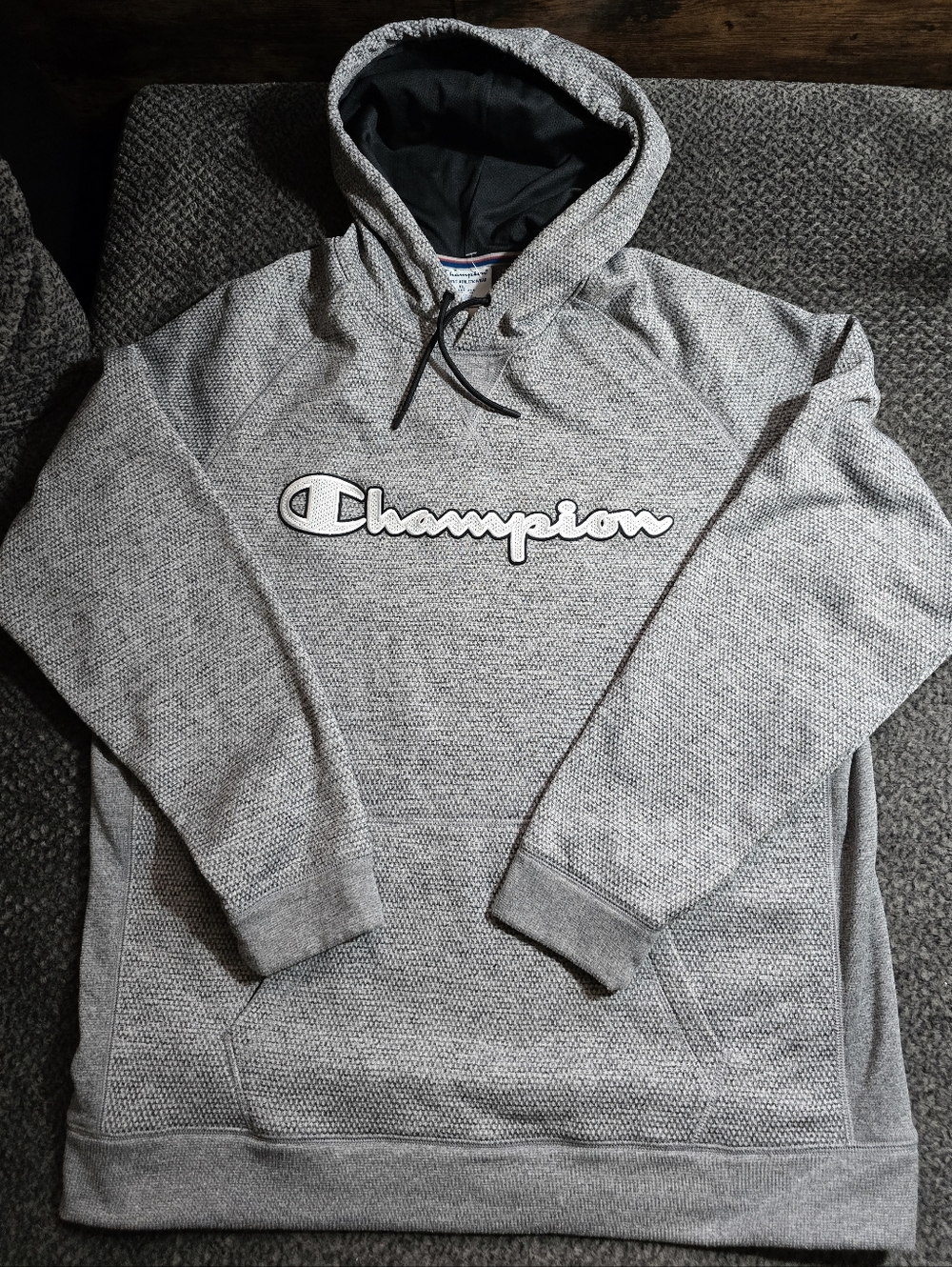 Champion Hoodie Gray Script Logo Men’s XL Textured Knit Pullover Sweatshirt - Picture 2 of 5